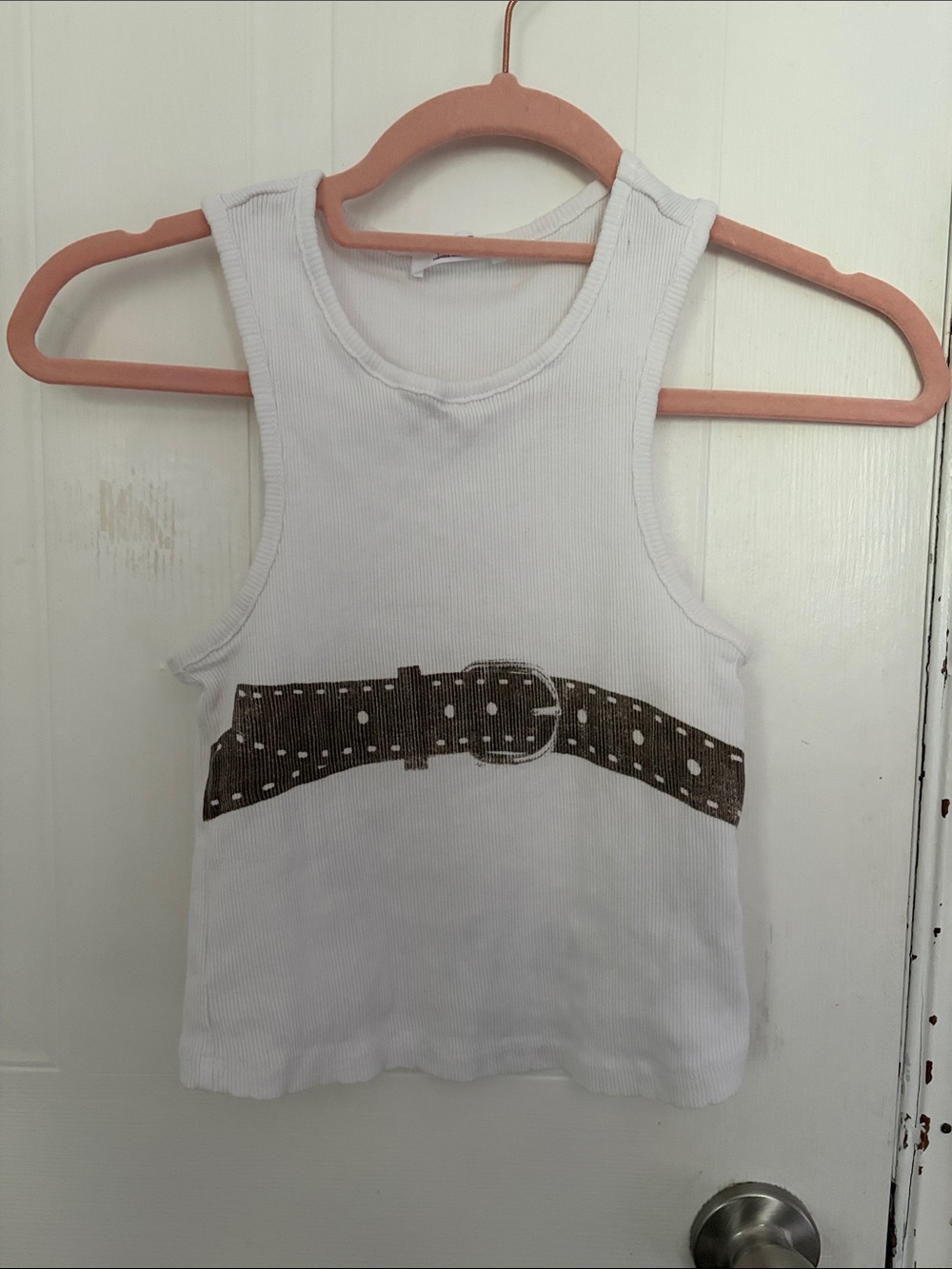 White Sleeveless Tank Top with Polka Dot Belt Graphic